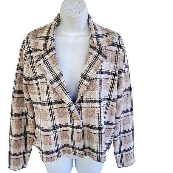 Tahari Neutral One-Button Plaid Jacket L Perfect Blazer For High Waisted Pants - Picture 1 of 9
